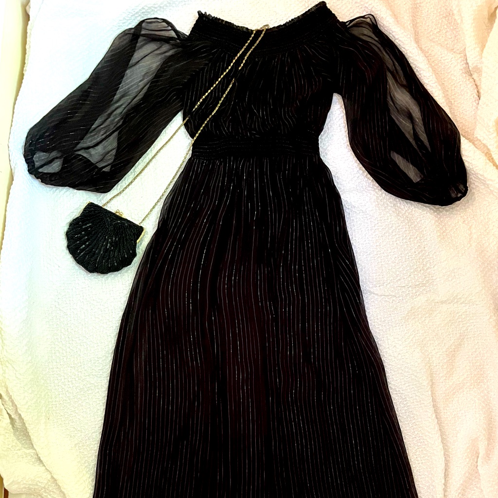 Bcbg Max Azria Black Maxi Dress With Metallic Pinstripes